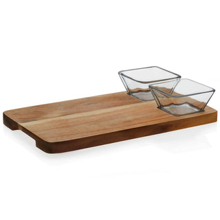 Acacia Wood Serving Board with Two Glass Dipping Bowls Set