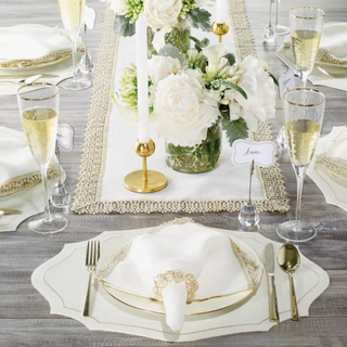 Victoria Champagne Gold Linen & Lace Table Runner and napkins